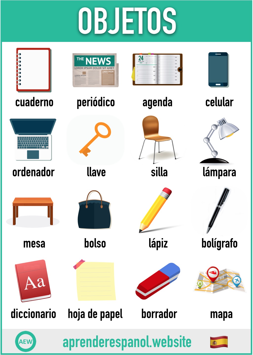 objetos en español - vocabulario de los objetos en español - aprender español website